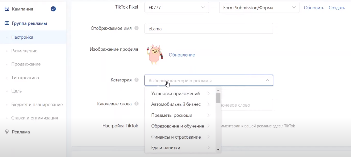 Выбор категории рекламы
